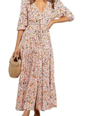 Petal & Pup Pink Floral V-Neck Tiered Maxi Dress  NWOT